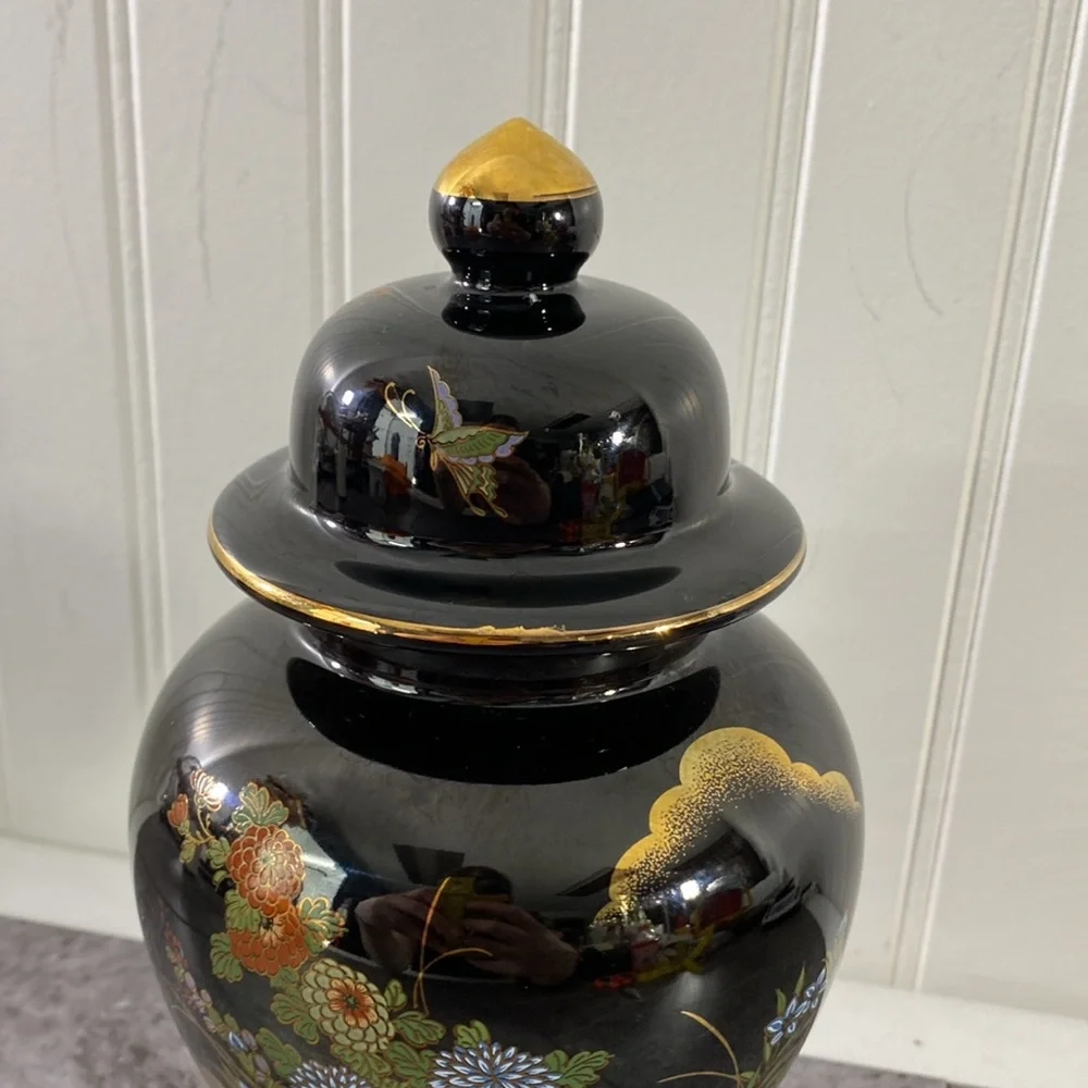 VTG Sato Gordon Japan Ginger Jar Black Gold Peonies Bird Asian Elegant‎ Floral